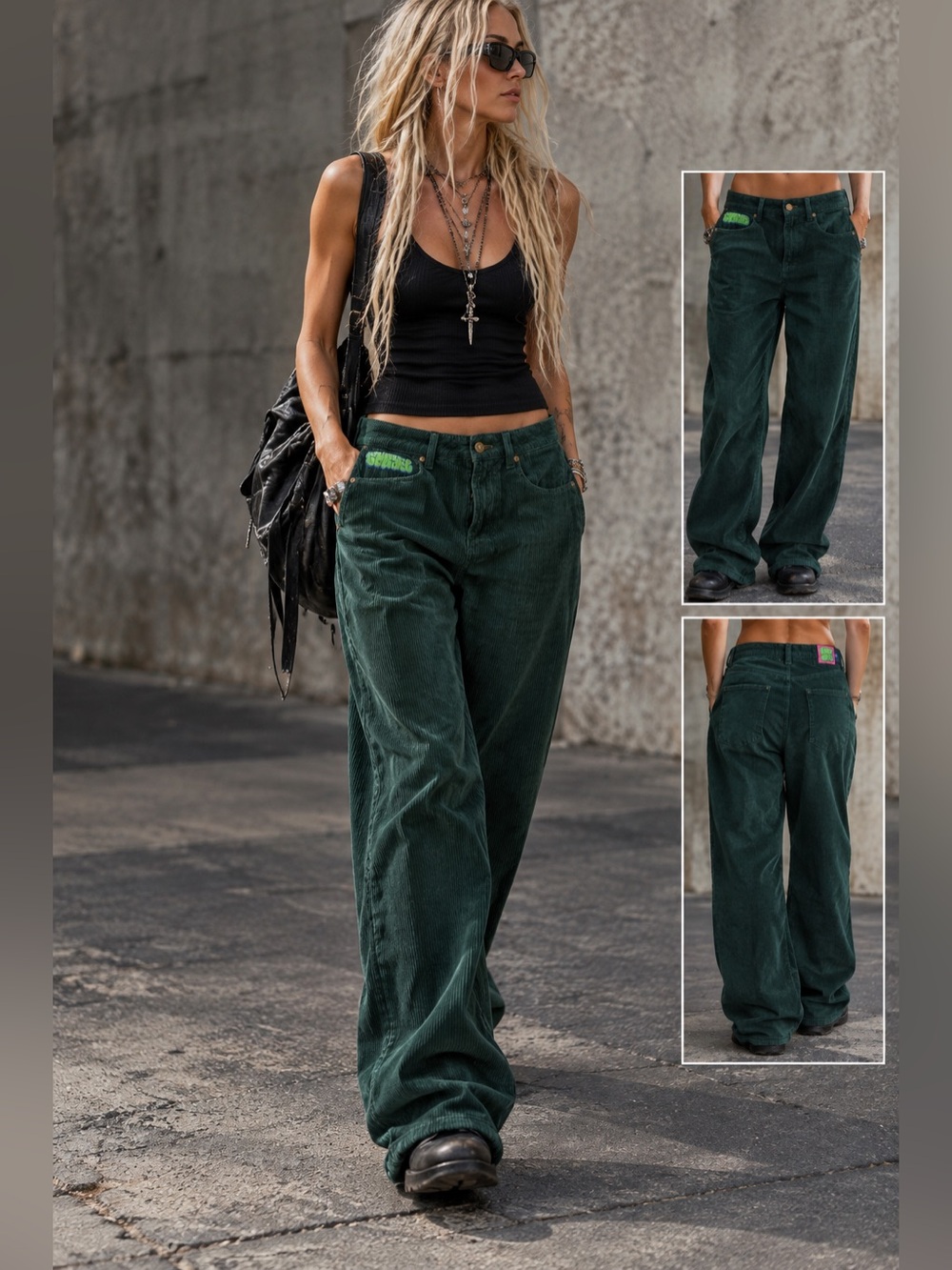 Empyre Tori Ponderosa Corduroy Skate Pants Green Size 2 Baggy Wide Leg